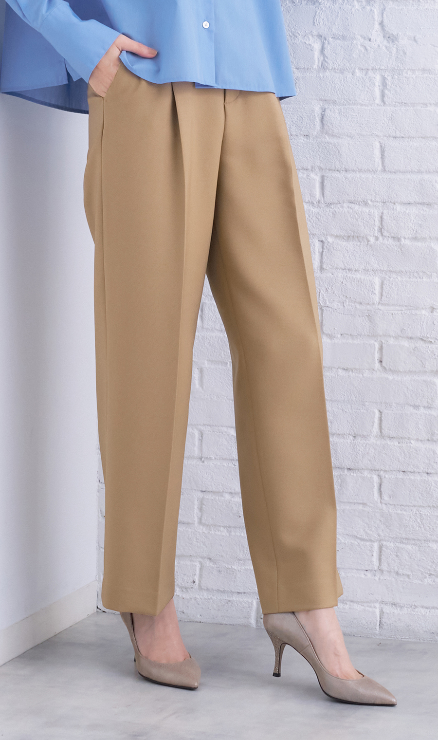 ワンタックセミワイドパンツ【裾上げ済み】 ベージュ S