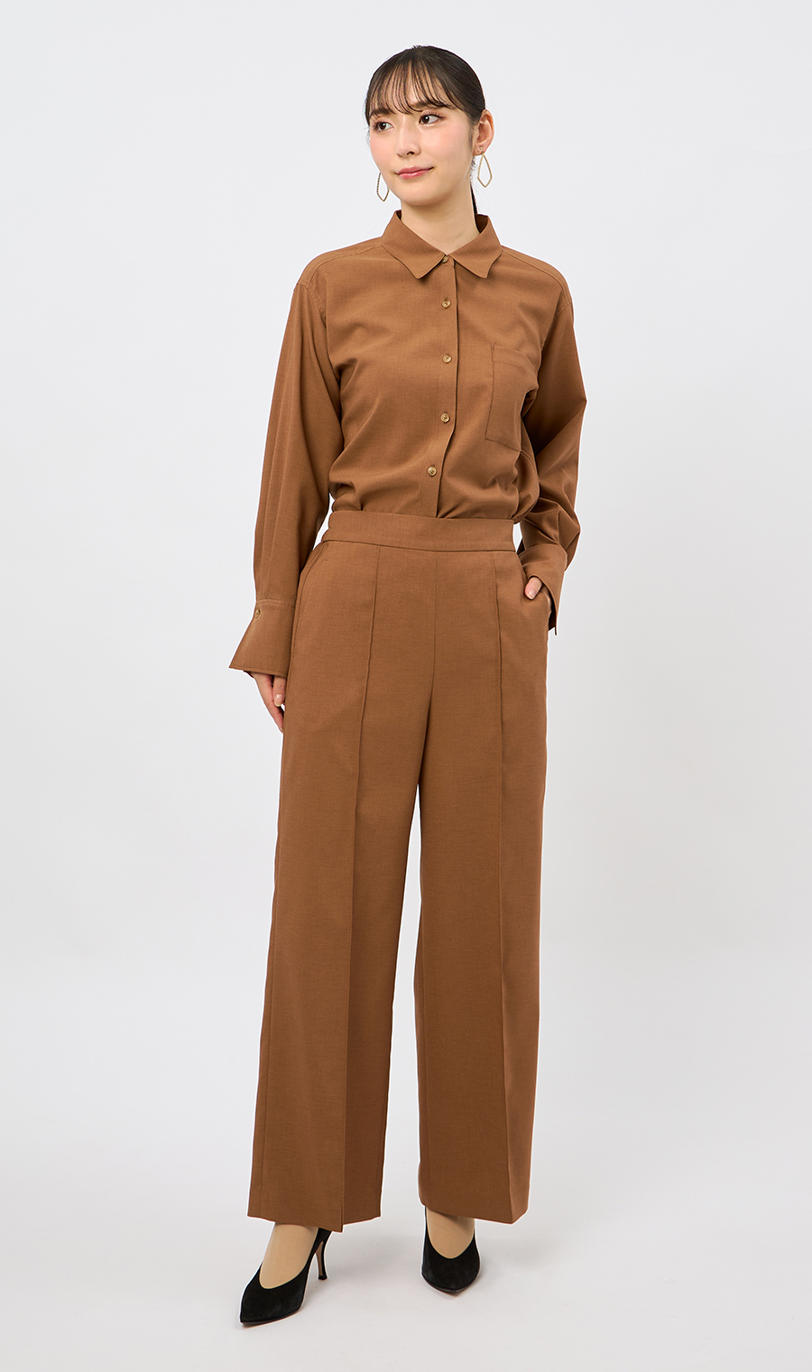 ワイドパンツ【セットアップ着用可】【裾上げ済み】 ブラウン S
