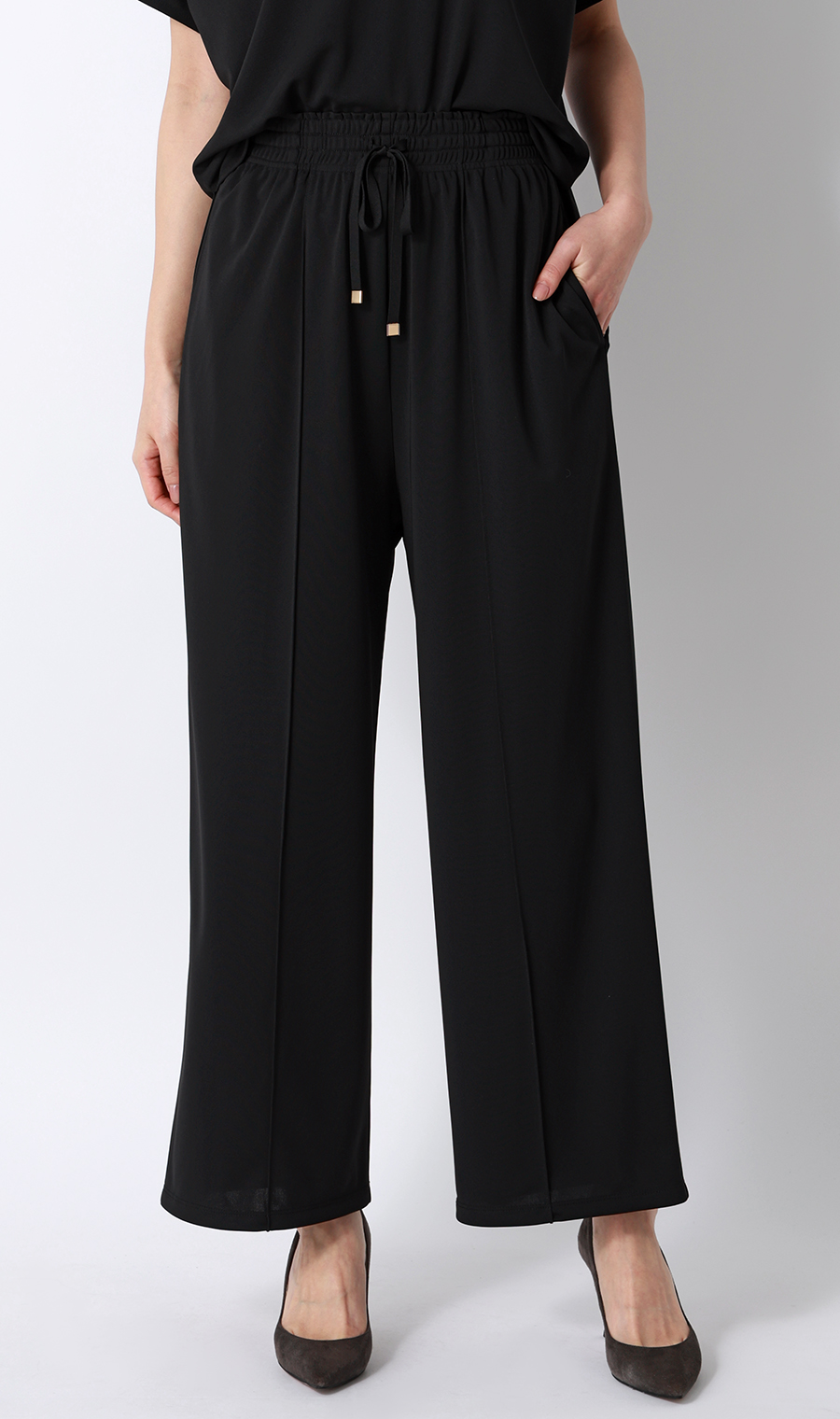 ドローコードワイドパンツ【涼】【セットアップ着用可】【裾上げ済み】 ブラック S