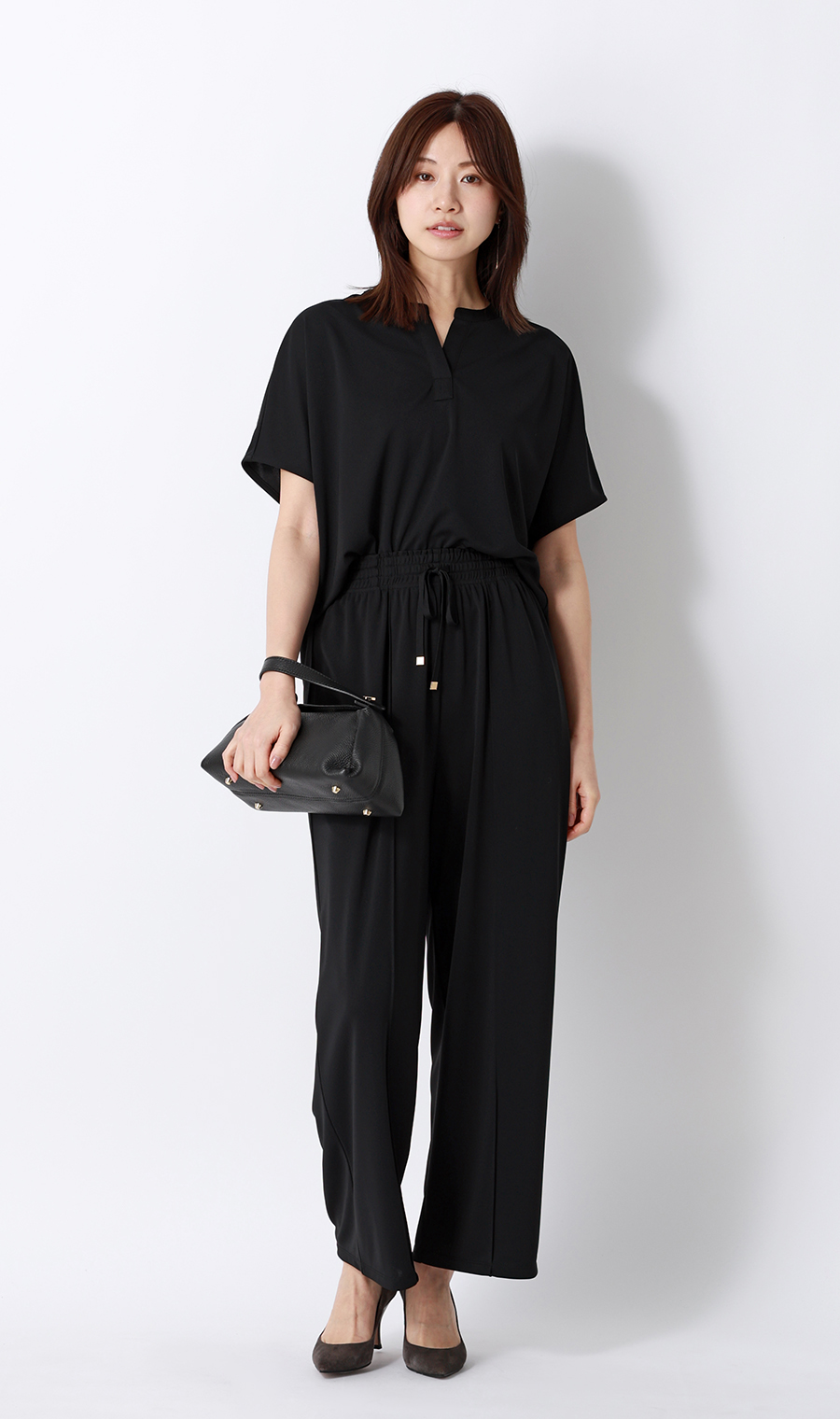 ドローコードワイドパンツ【涼】【セットアップ着用可】【裾上げ済み】 ブラック S