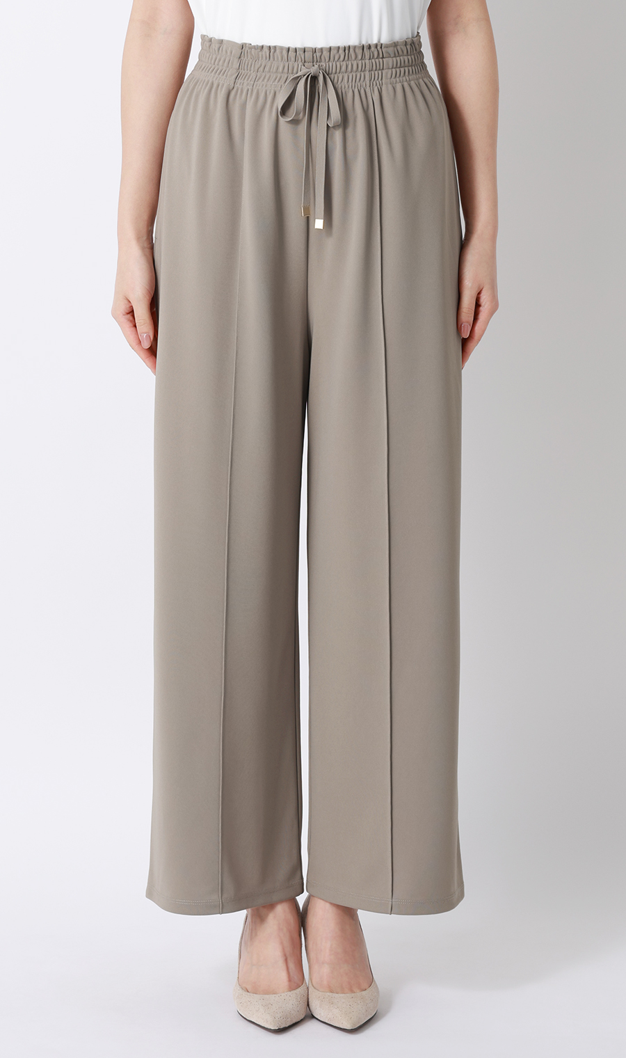 ドローコードワイドパンツ【涼】【セットアップ着用可】【裾上げ済み】 グレージュ S