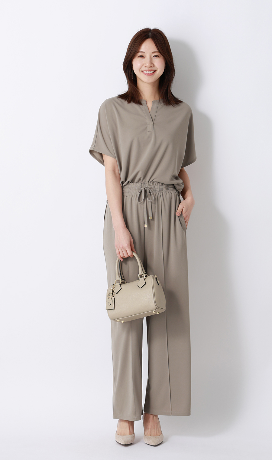 ドローコードワイドパンツ【涼】【セットアップ着用可】【裾上げ済み】 グレージュ S