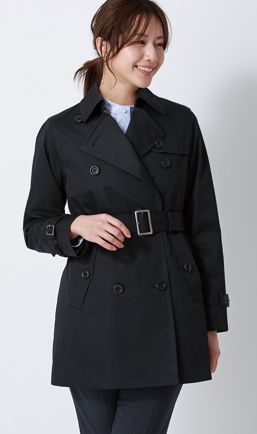 ショート丈ダブルトレンチコート【撥水加工】 ブラック S