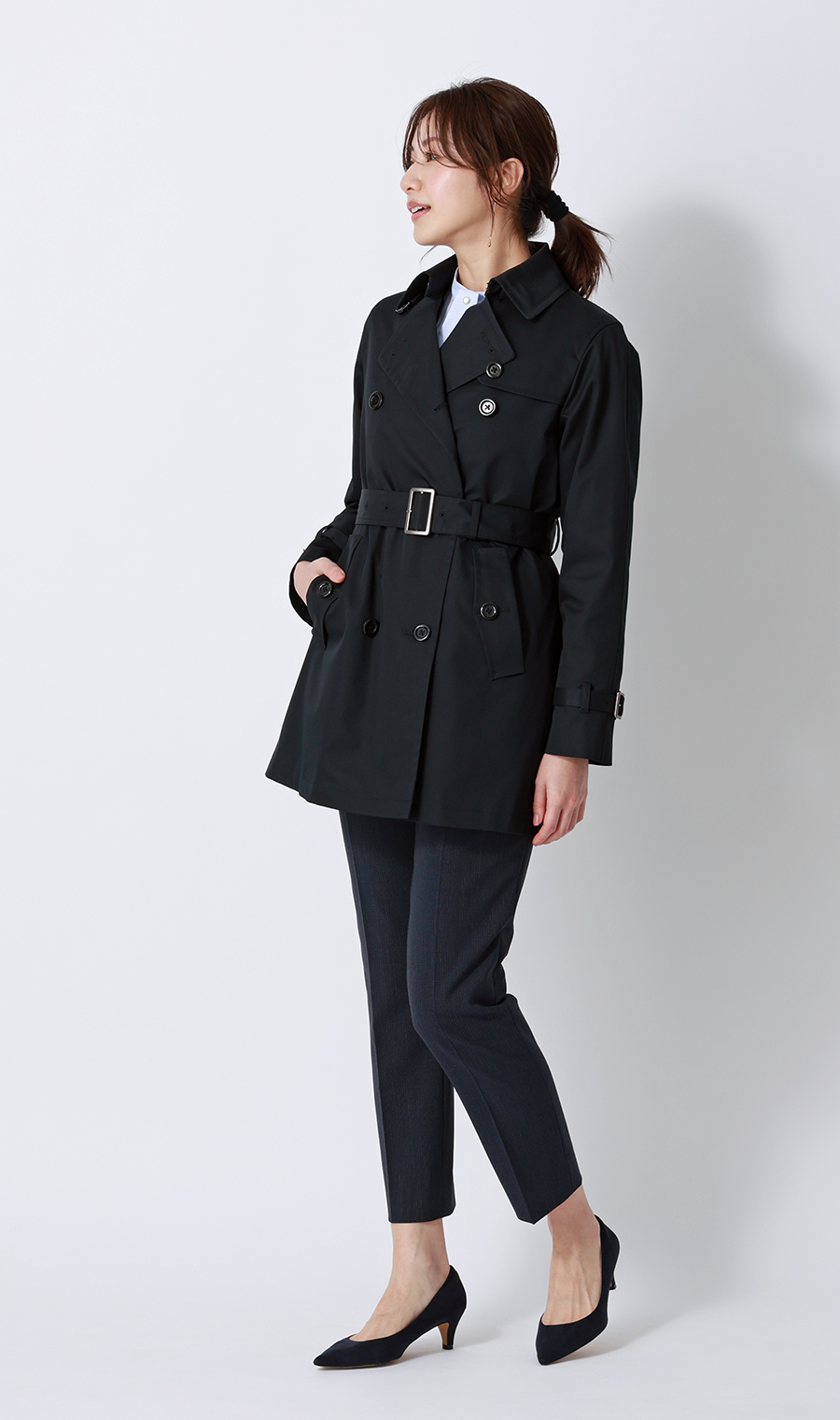 ショート丈ダブルトレンチコート【撥水加工】 ブラック S