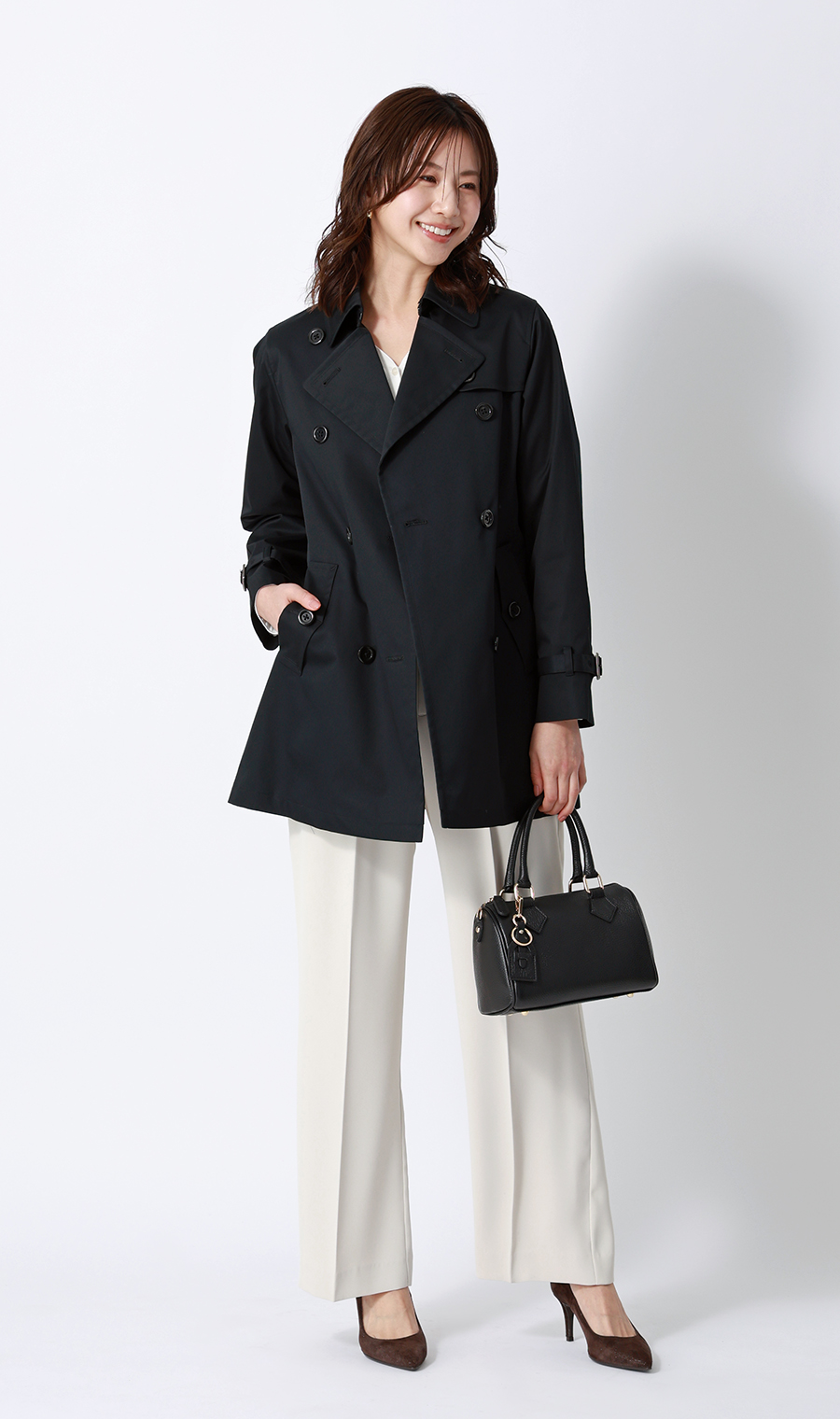 ショート丈ダブルトレンチコート【撥水加工】 ブラック S