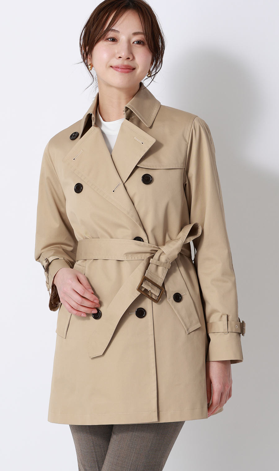 ショート丈ダブルトレンチコート【撥水加工】 ベージュ S