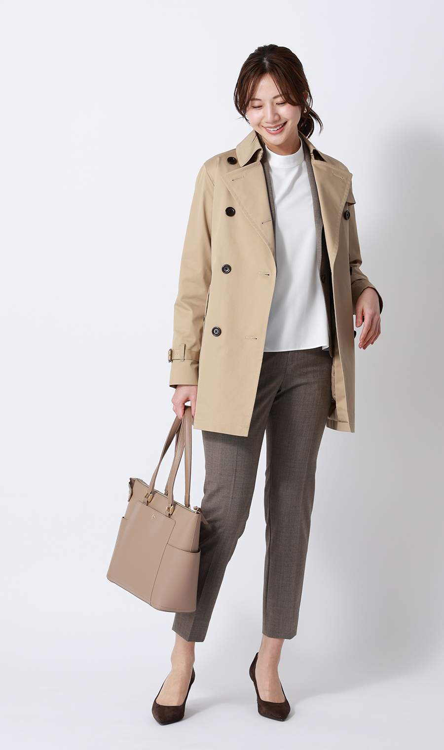 ショート丈ダブルトレンチコート【撥水加工】 ベージュ S
