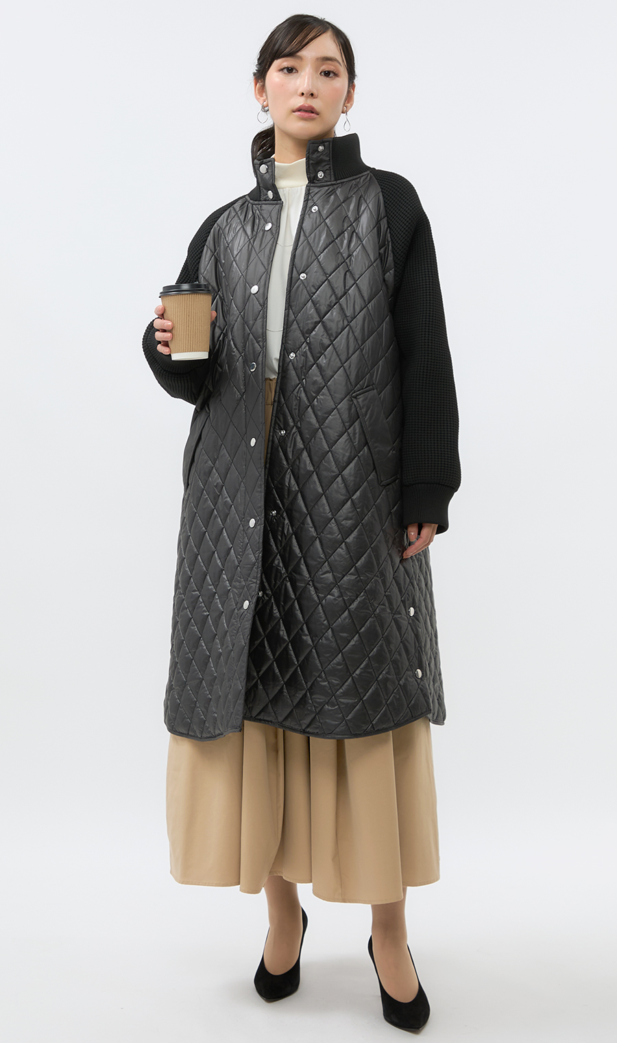 キルト×ニットドッキングロングコート【WEB限定】 ブラック M