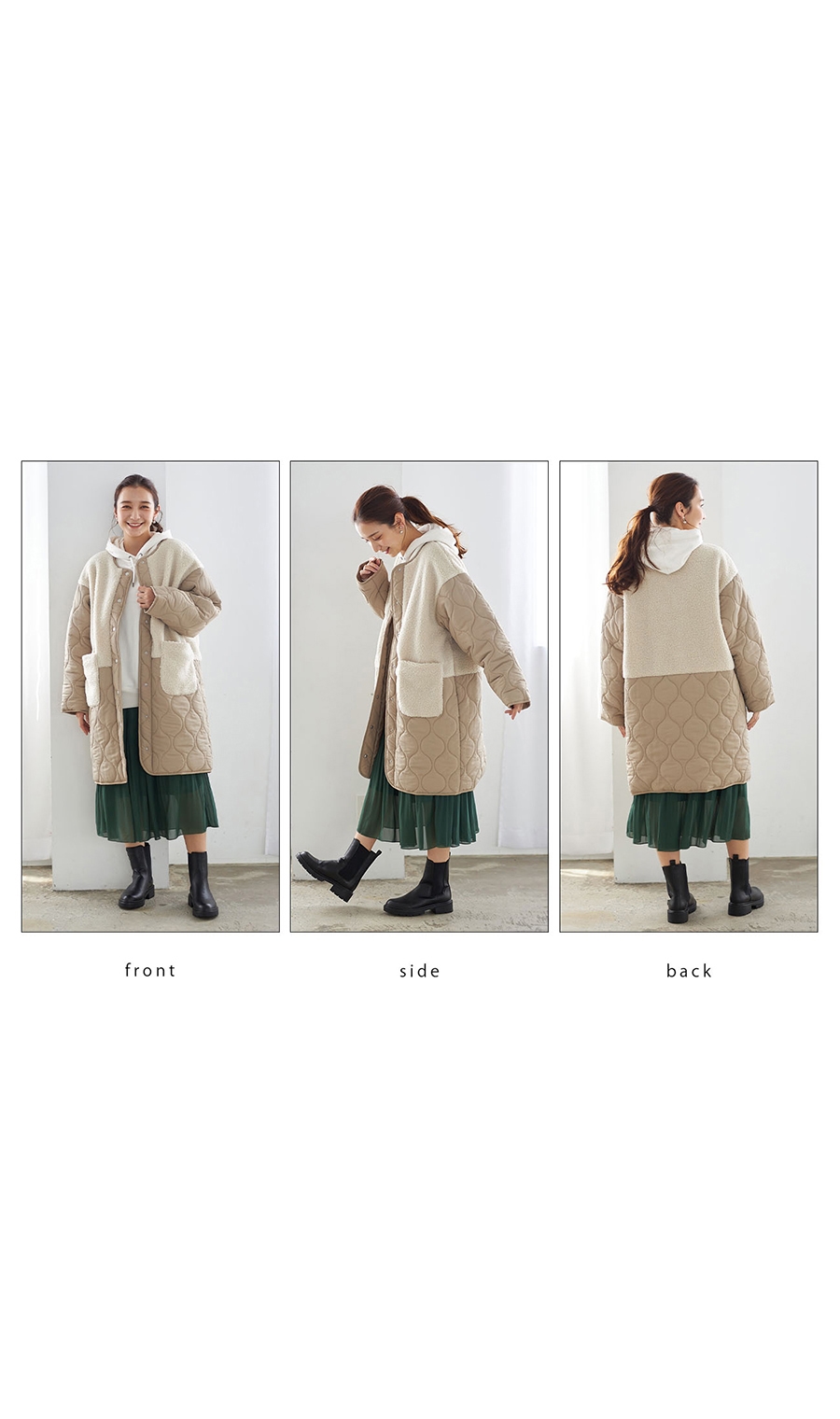 ■切替ボアノーカラーロングキルトコート［WEB限定］ ブラック L