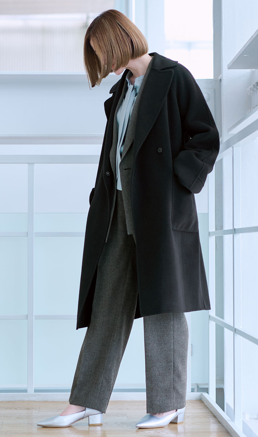 ベルト付きビックカラーコート【カシミヤ混ウール】【WEB限定】 ブラック L