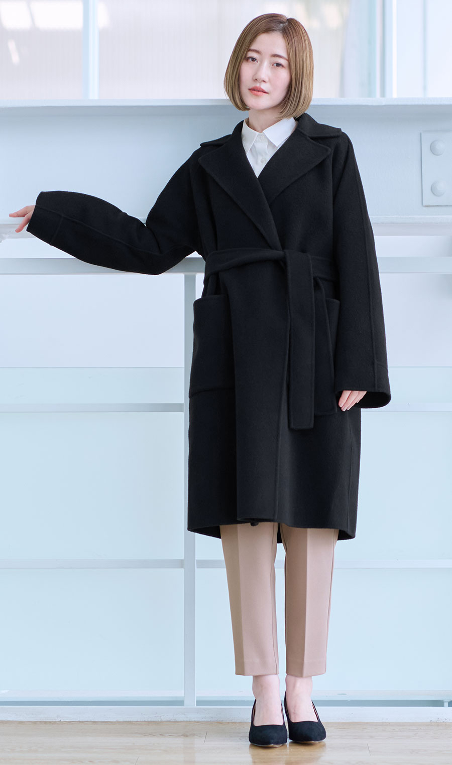 ベルト付きビックカラーコート【カシミヤ混ウール】【WEB限定】 ブラック L