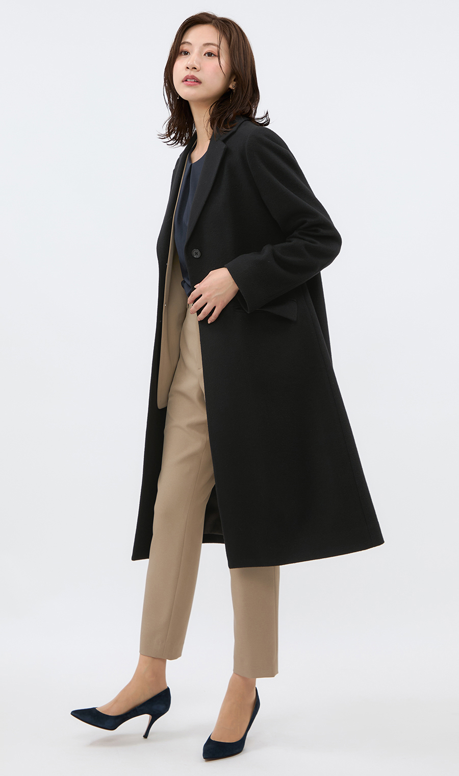 《鉄板コート》シングルチェスターコート《ウール混》《ロング丈》 ブラック S