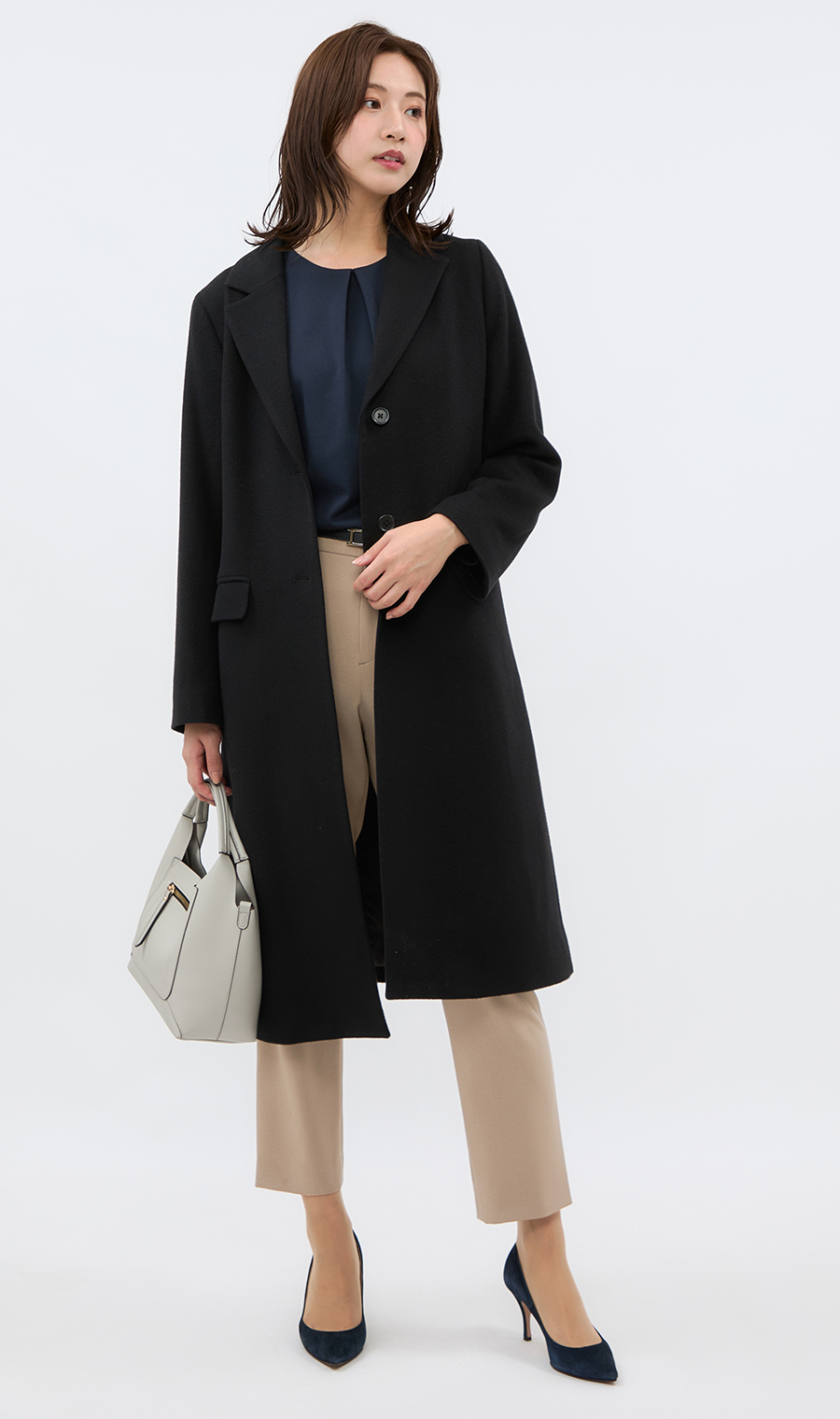 《鉄板コート》シングルチェスターコート《ウール混》《ロング丈》 ブラック S