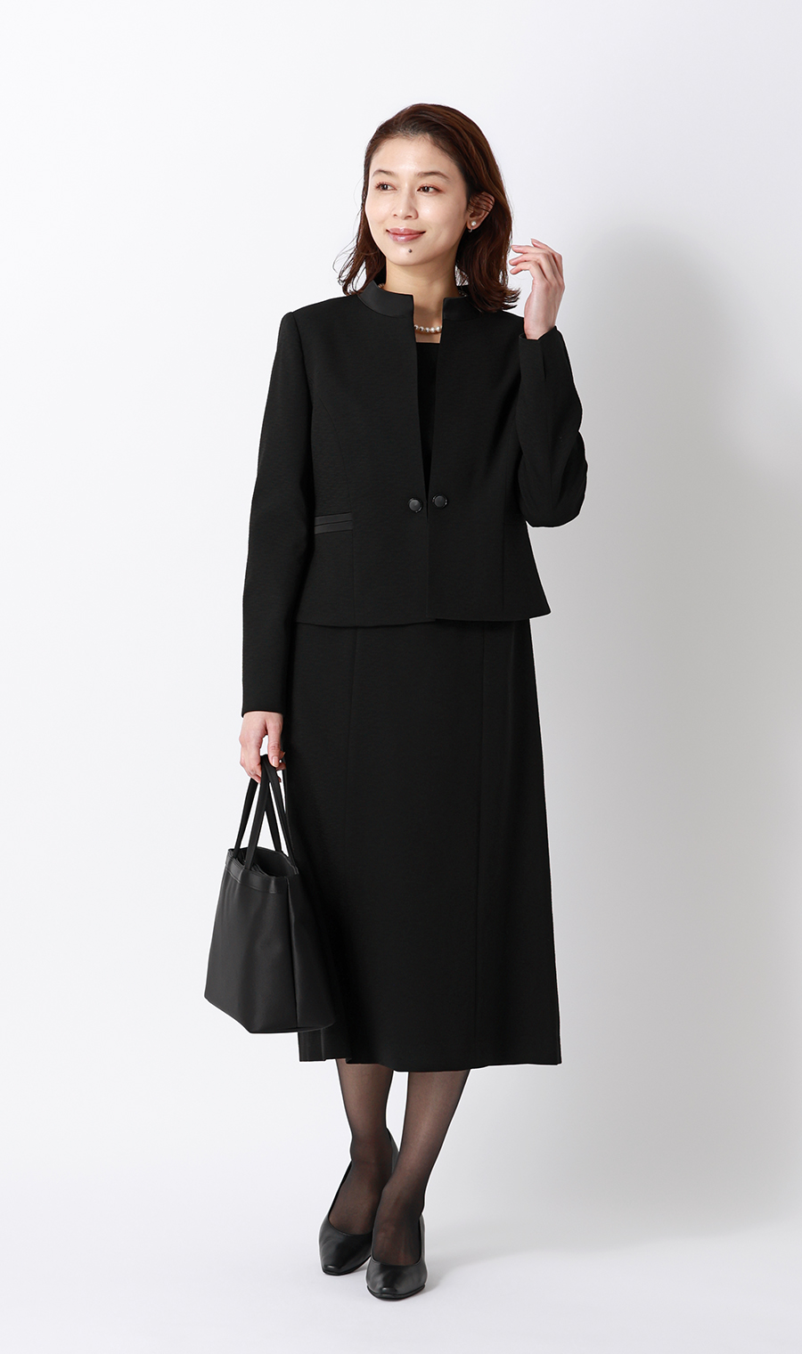 Satin-trimmed stand-collar ensemble [front opening] [Yonezawa weave] Black, size 9