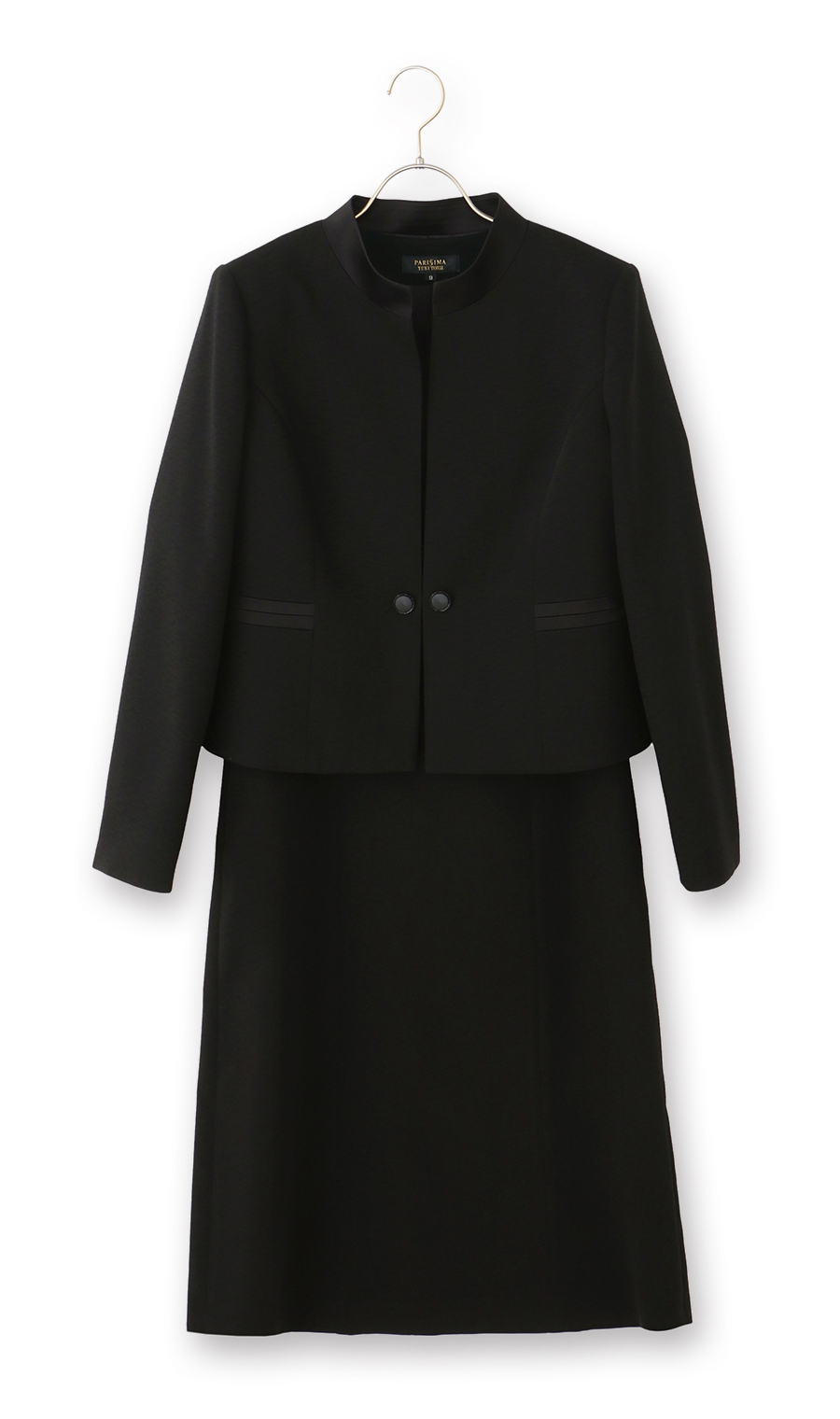 Satin-trimmed stand-collar ensemble [front opening] [Yonezawa weave] Black, size 9