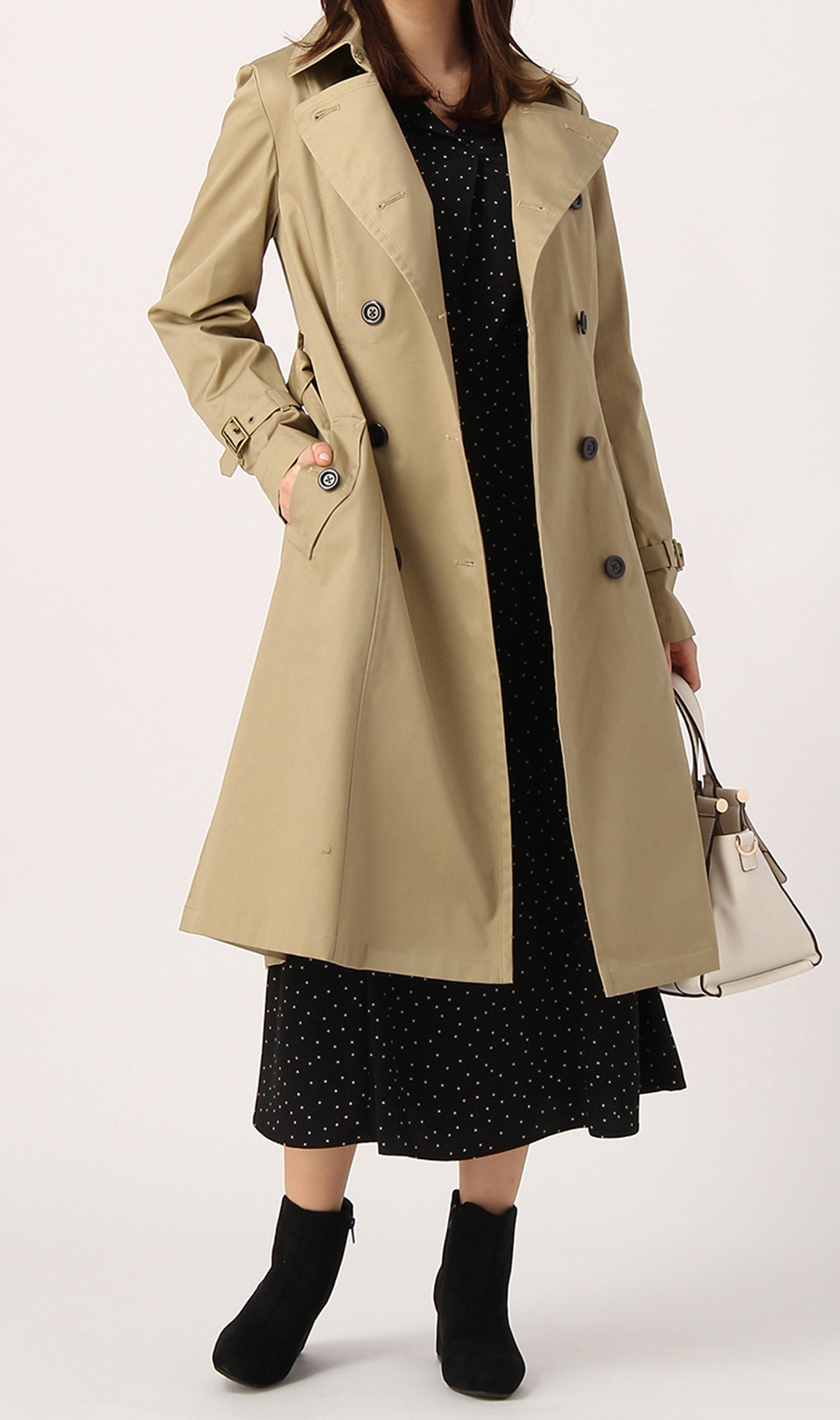 【訳アリ商品】ロング丈ダブルトレンチコート【撥水加工】 ベージュ 7号