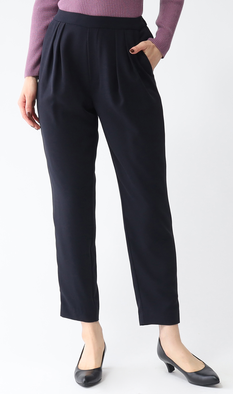 【訳アリ商品】テーパードイージーパンツ【裾上げ済み】 ネイビー S