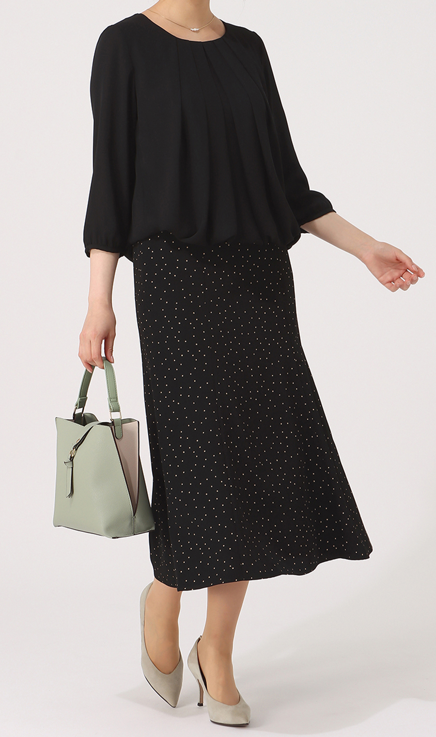 【訳アリ商品】ドットプリントマーメイドスカート【ウォッシャブル】 ブラック M