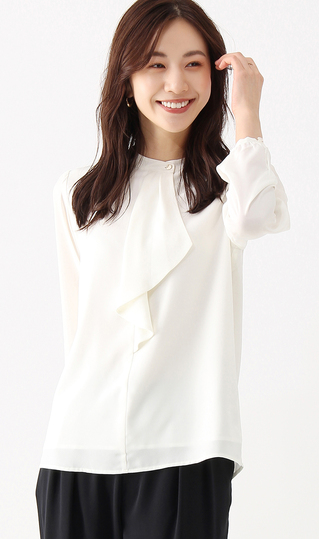 【訳アリ商品】バンドカラーフリルブラウス【長袖】