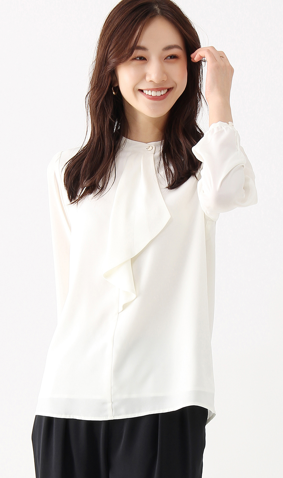 【訳アリ商品】バンドカラーフリルブラウス【長袖】 ホワイト 17号