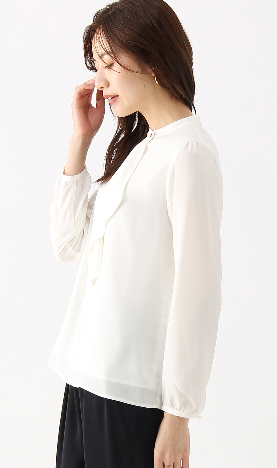 【訳アリ商品】バンドカラーフリルブラウス【長袖】 ホワイト 17号
