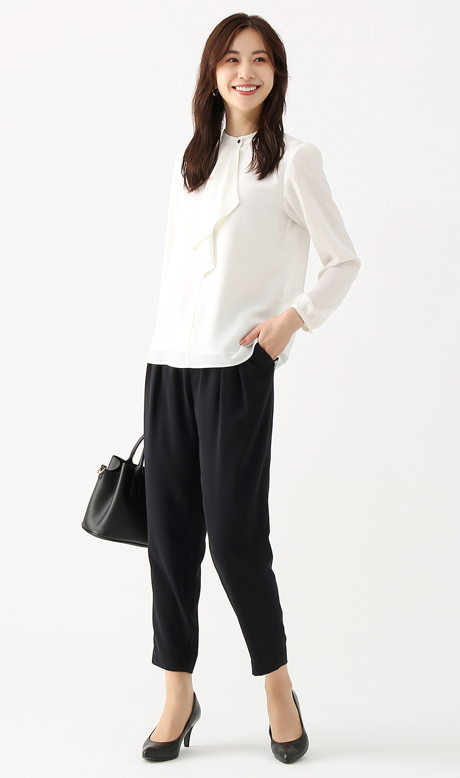 【訳アリ商品】バンドカラーフリルブラウス【長袖】 ホワイト 17号