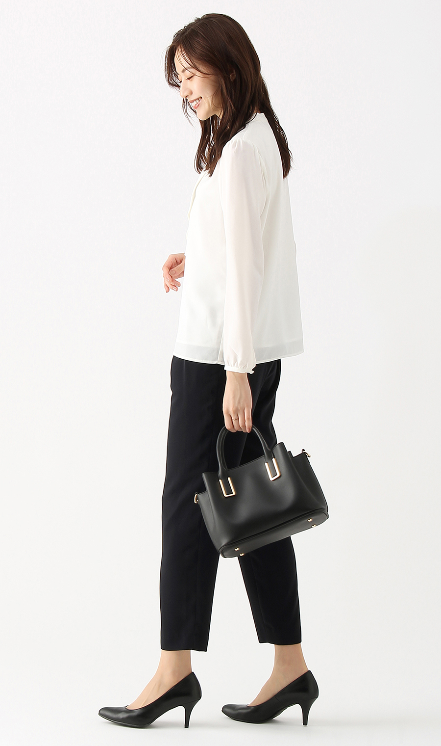 【訳アリ商品】バンドカラーフリルブラウス【長袖】 ホワイト 17号