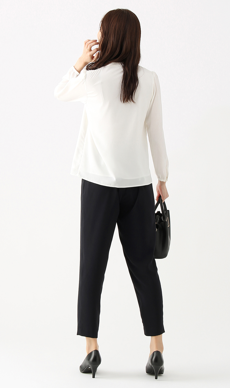 【訳アリ商品】バンドカラーフリルブラウス【長袖】 ホワイト 17号