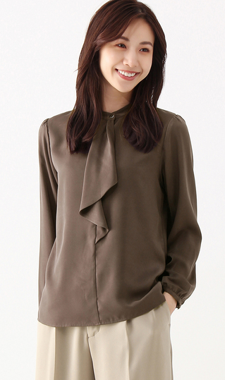 【訳アリ商品】バンドカラーフリルブラウス【長袖】