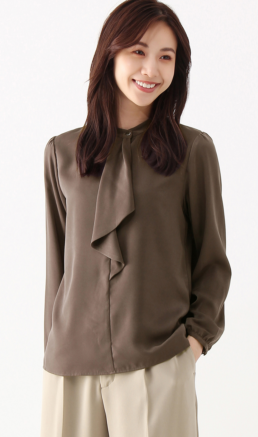 【訳アリ商品】バンドカラーフリルブラウス【長袖】 ブラウン 7号