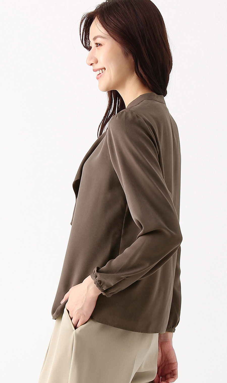 【訳アリ商品】バンドカラーフリルブラウス【長袖】 ブラウン 7号