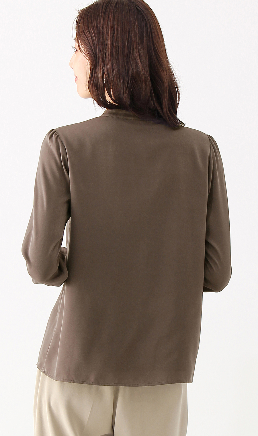 【訳アリ商品】バンドカラーフリルブラウス【長袖】 ブラウン 7号