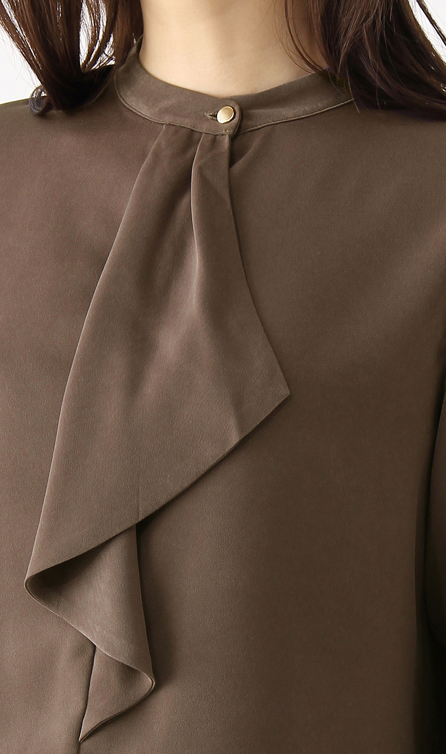 【訳アリ商品】バンドカラーフリルブラウス【長袖】 ブラウン 7号