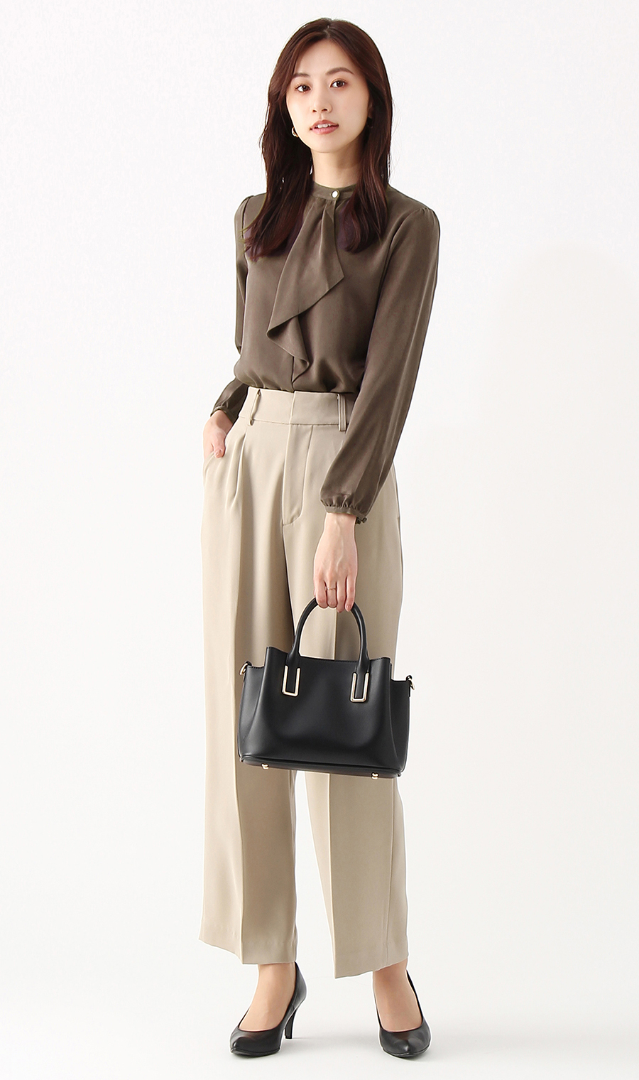 【訳アリ商品】バンドカラーフリルブラウス【長袖】 ブラウン 7号