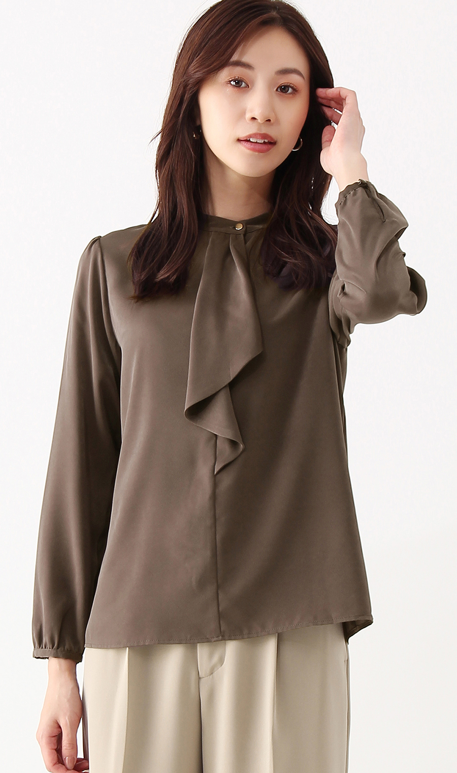 【訳アリ商品】バンドカラーフリルブラウス【長袖】 ブラウン 7号