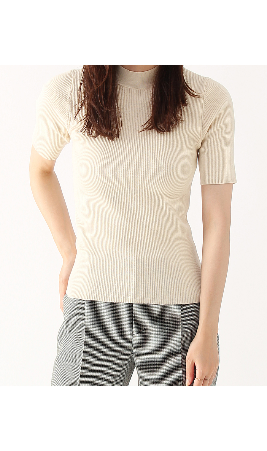 【訳アリ商品】ハイネックプルオーバー【アンサンブル】【5分袖】 ベージュ S