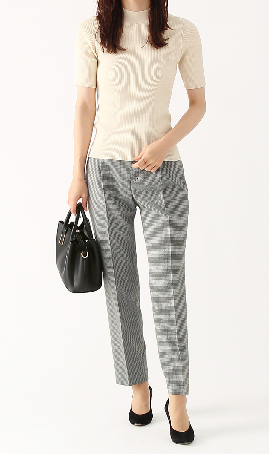 【訳アリ商品】ハイネックプルオーバー【アンサンブル】【5分袖】 ベージュ S