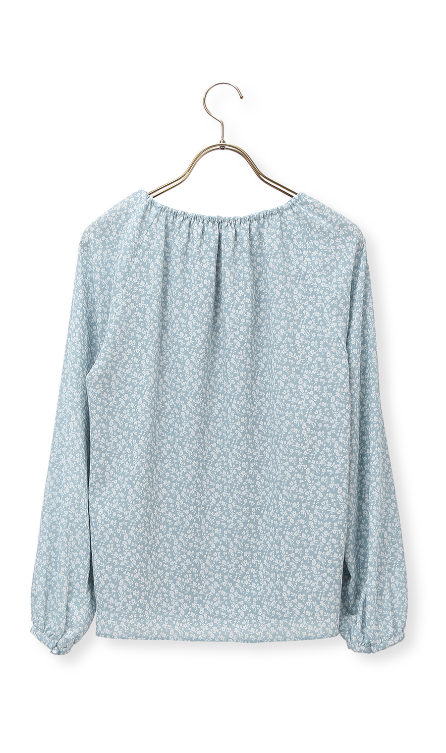 【訳アリ商品】前リボンギャザーフラワープリントブラウス【長袖】 ブルー 7号