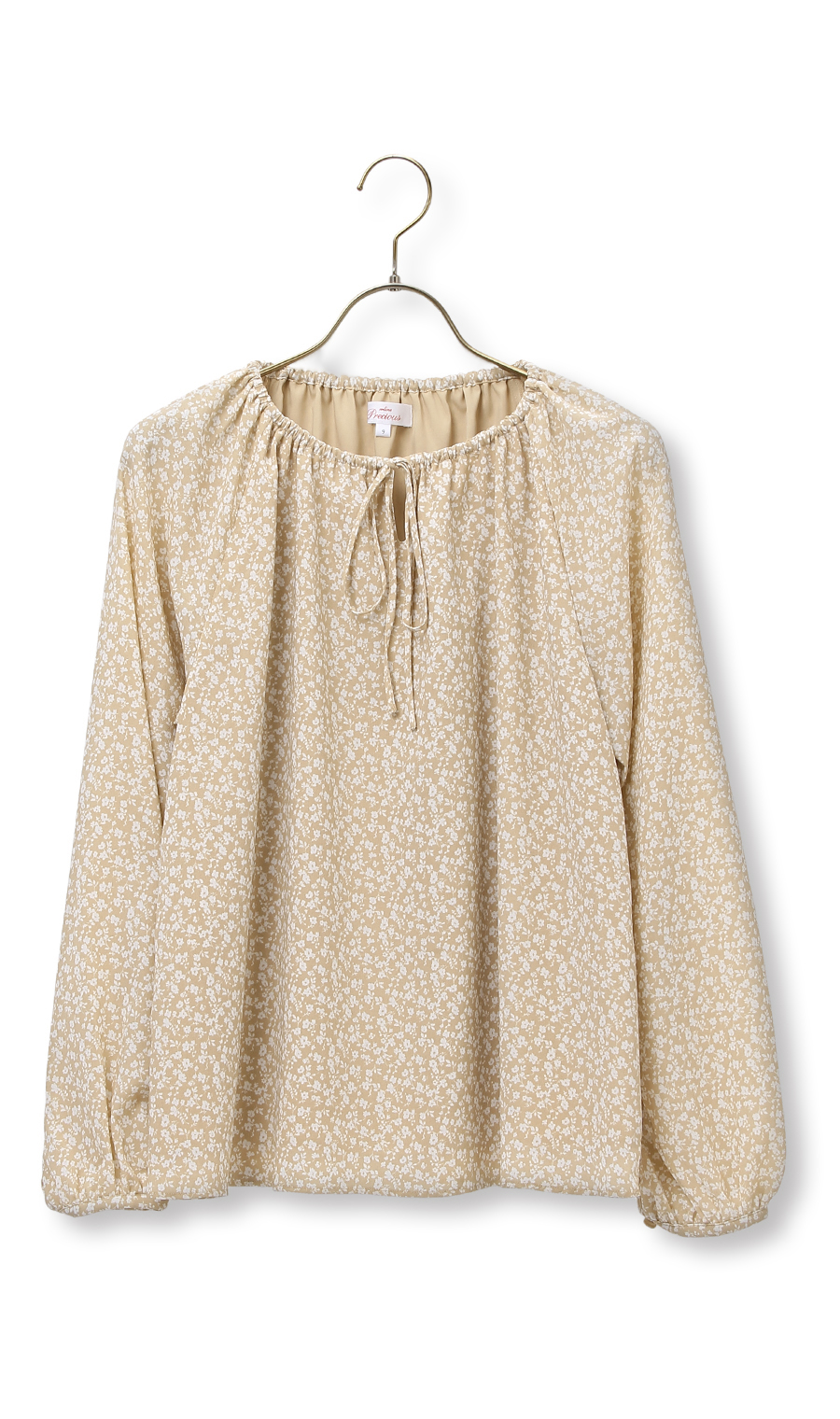 【訳アリ商品】前リボンギャザーフラワープリントブラウス【長袖】 ベージュ 7号