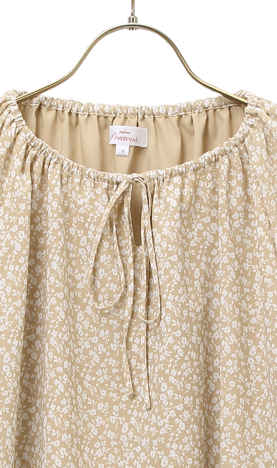 【訳アリ商品】前リボンギャザーフラワープリントブラウス【長袖】 ベージュ 7号