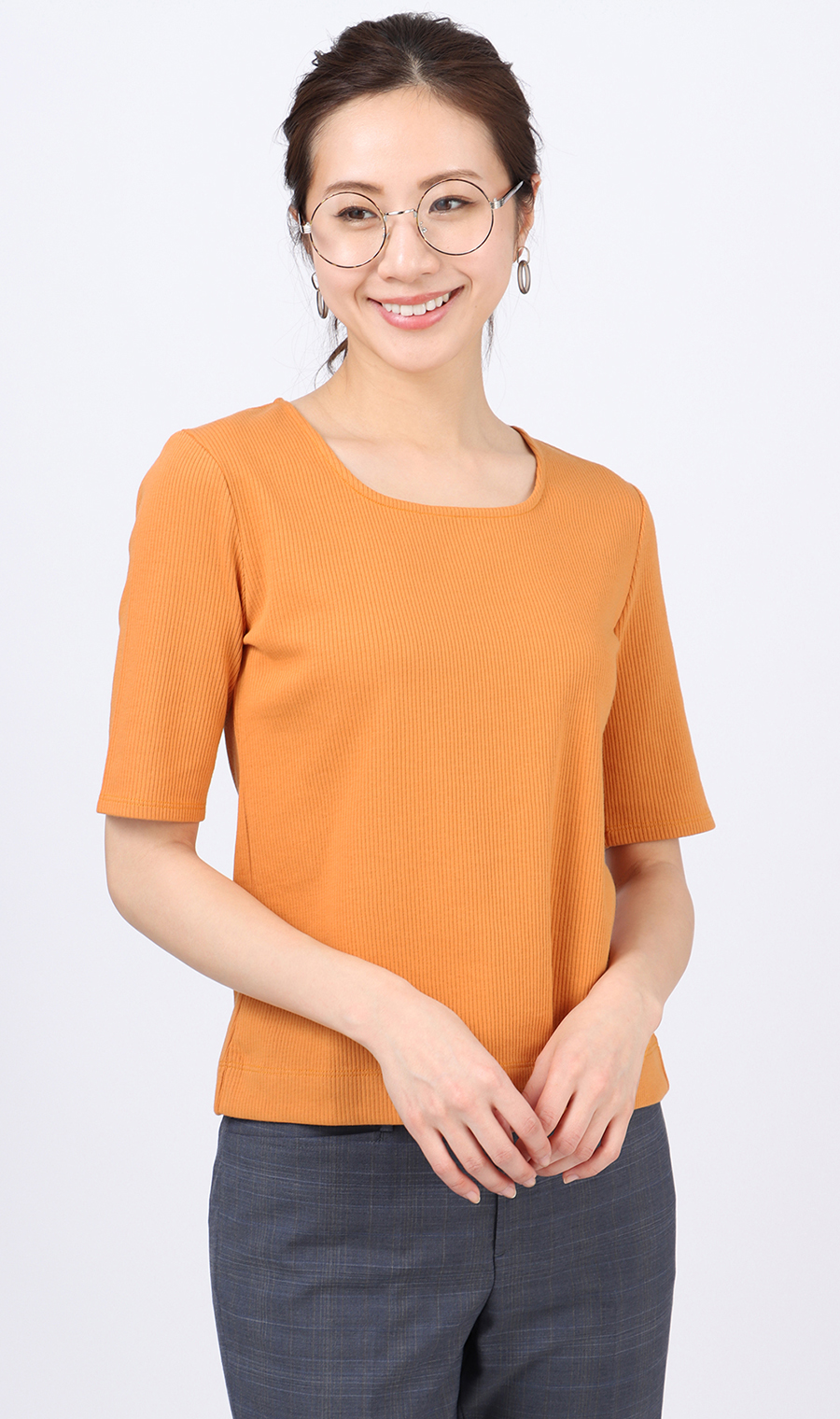 【訳アリ商品】スクエアネックリブカットソー【半袖】 オレンジ M