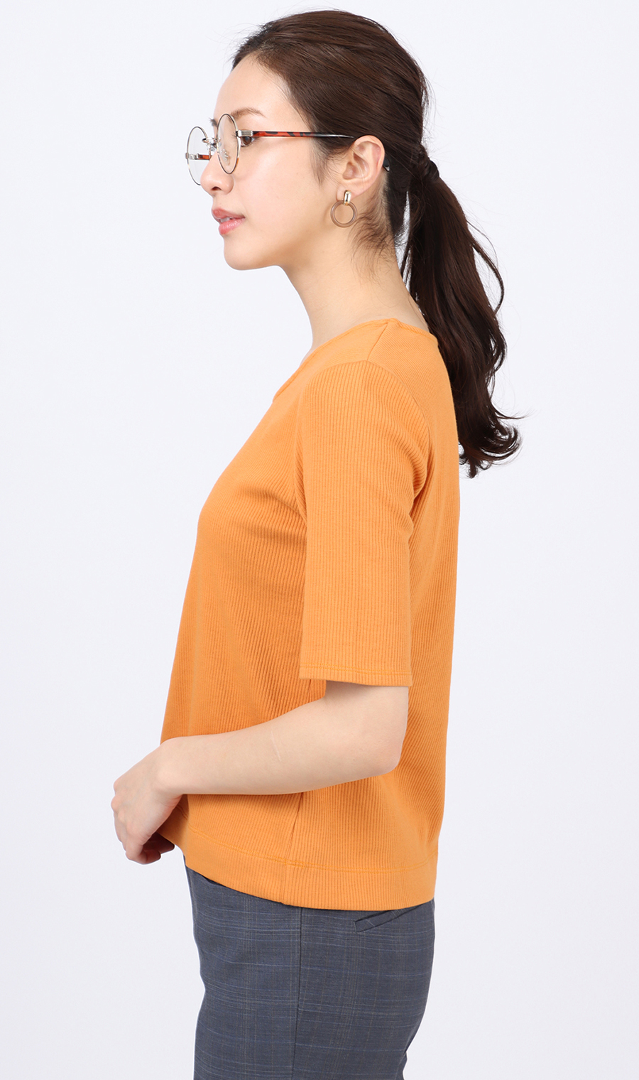 【訳アリ商品】スクエアネックリブカットソー【半袖】 オレンジ M