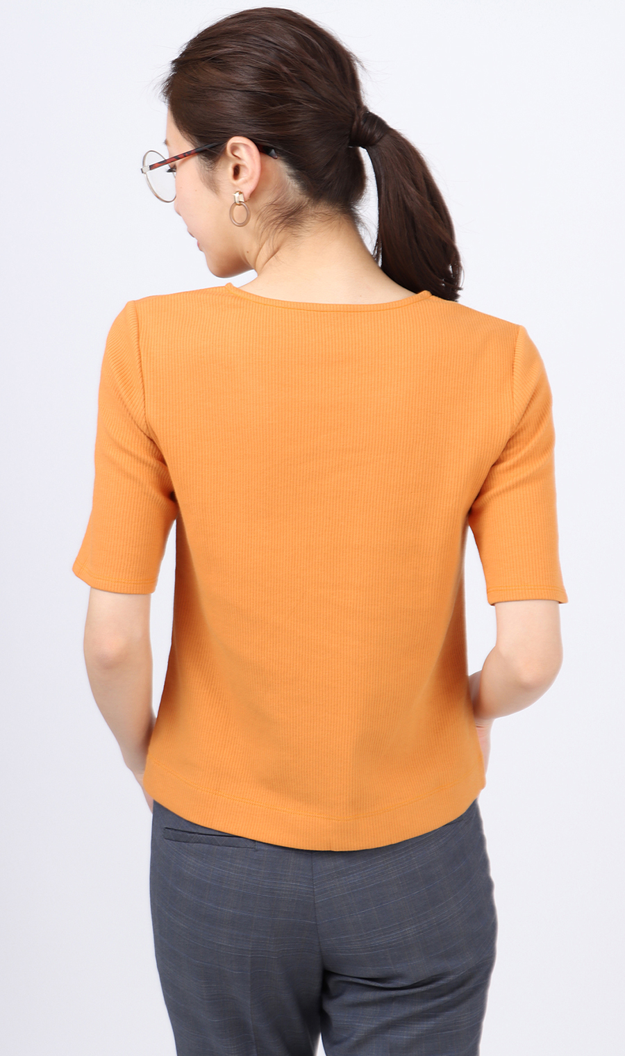 【訳アリ商品】スクエアネックリブカットソー【半袖】 オレンジ M