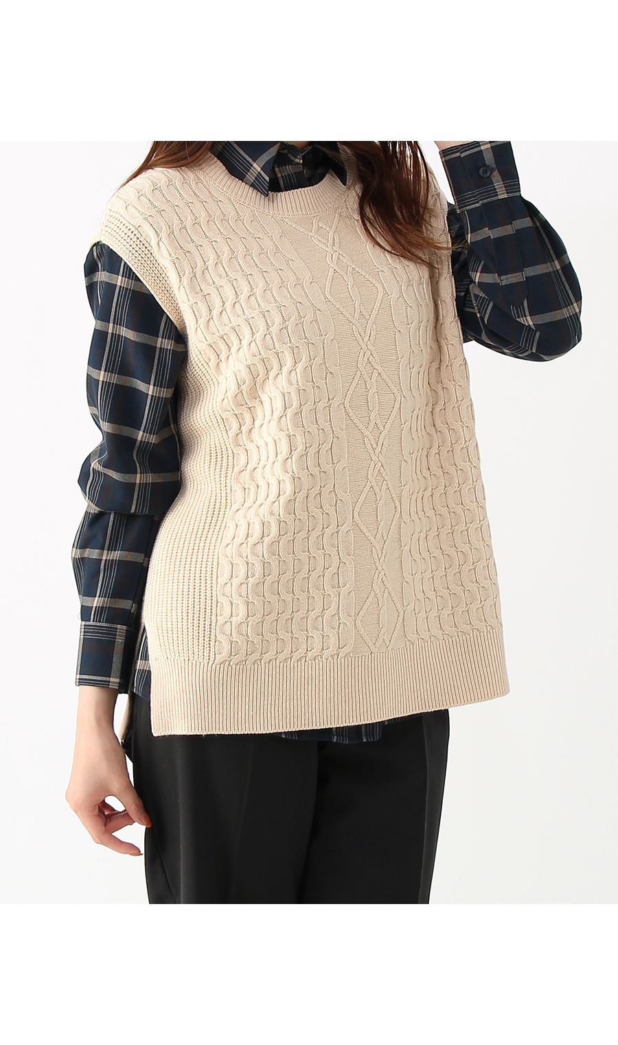 【訳アリ商品】ケーブル編みニットベスト【ニット】 ベージュ LL