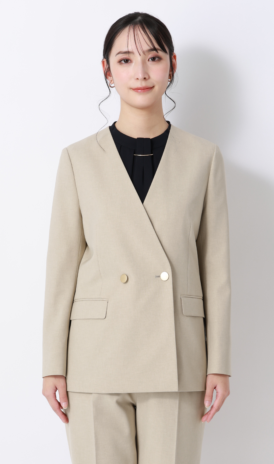 Vカラー2ボタンダブルジャケット【セットアップ着用可】 ベージュ S