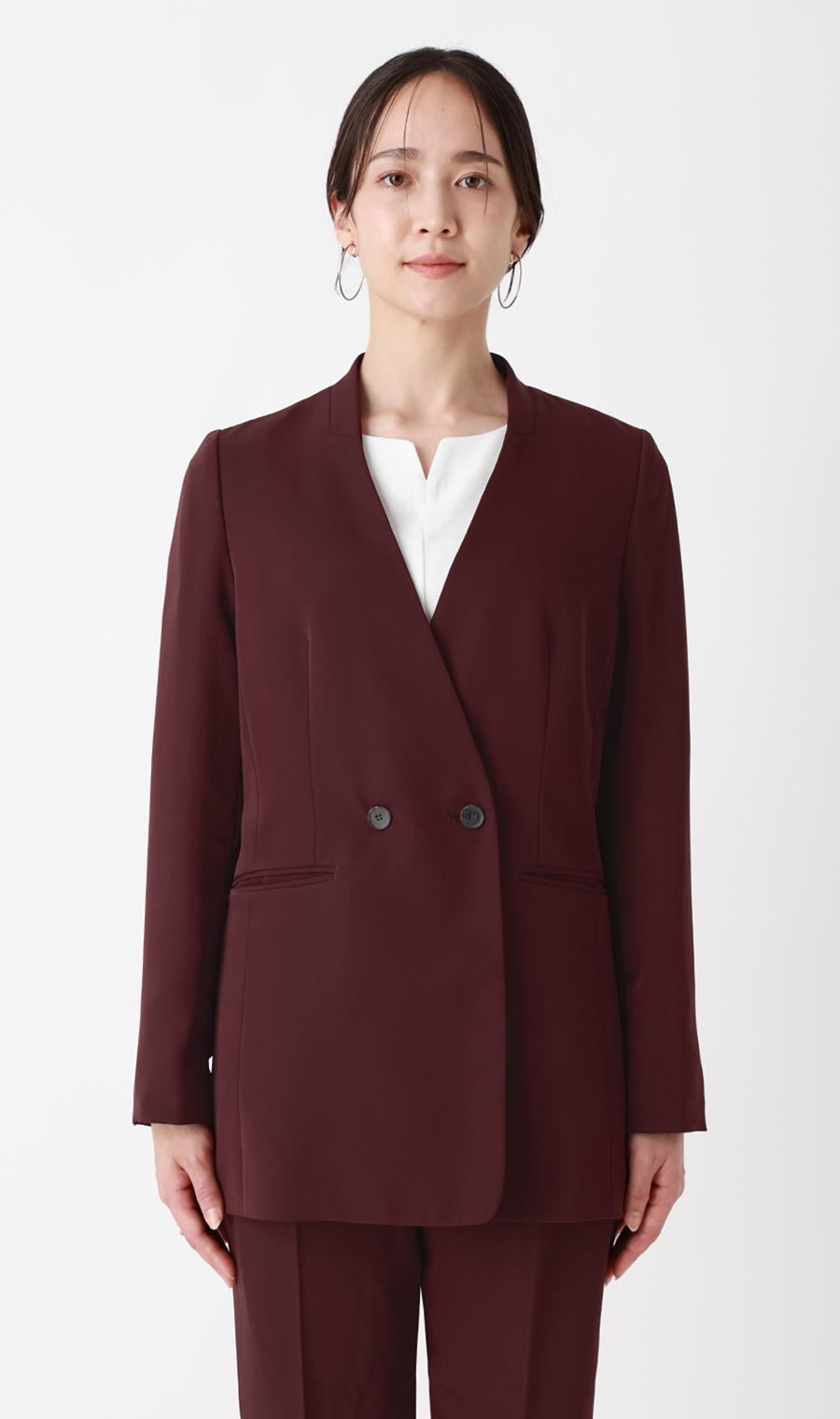 Vカラー2ボタンダブルジャケット【セットアップ着用可】 ワイン 7号