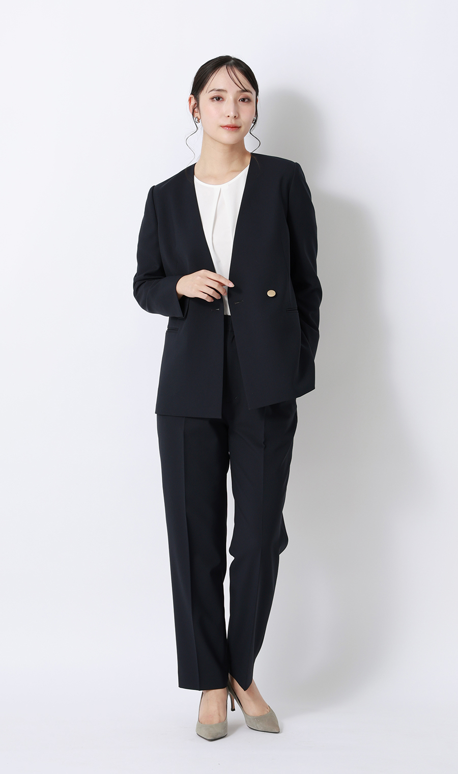 ウエストデザインテーパードパンツ【セットアップ着用可】【裾上げ済み】 ネイビー S