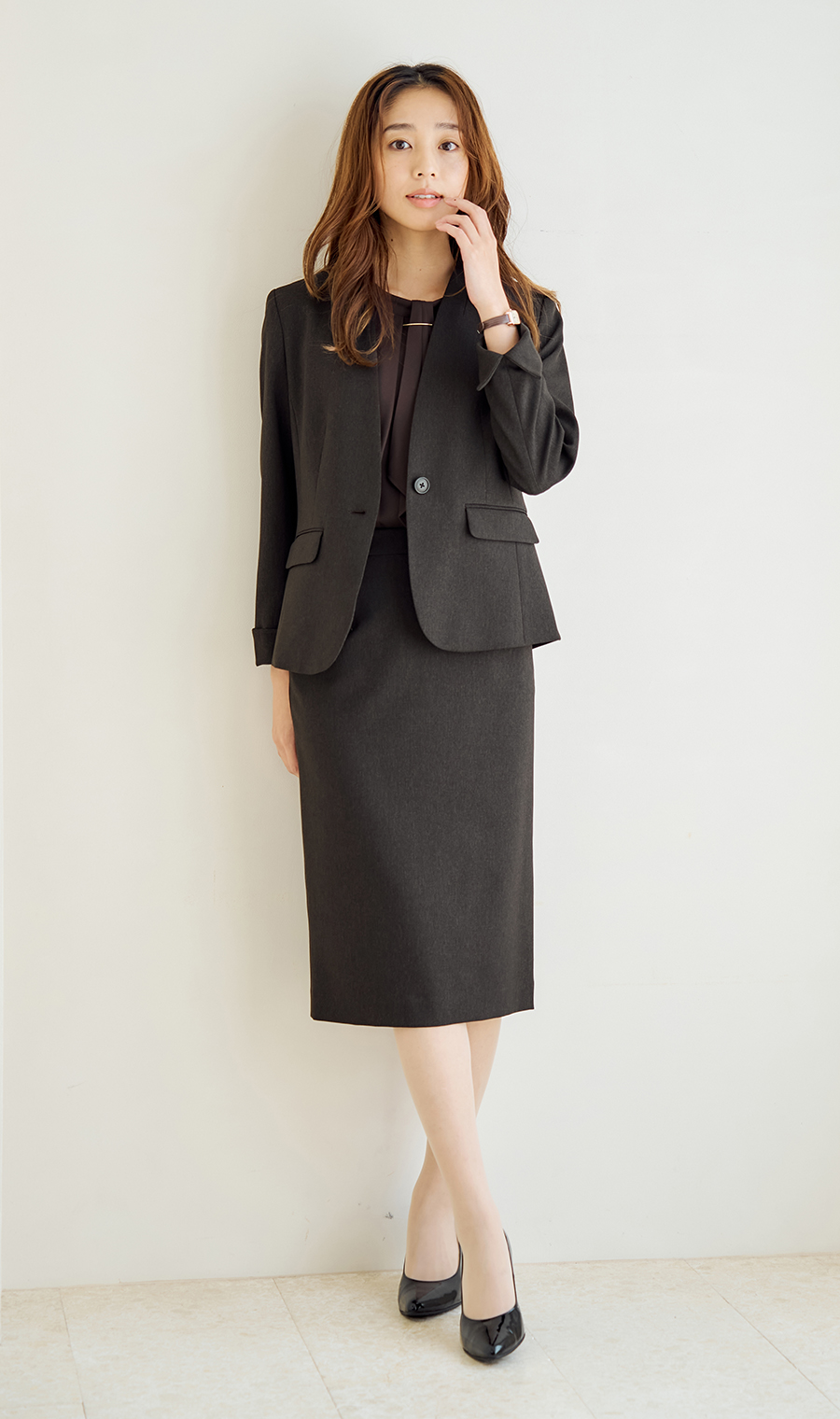 ロングタイトスカート【美ジ楽スーツ】【セットアップ着用可】 ブラウン 5号