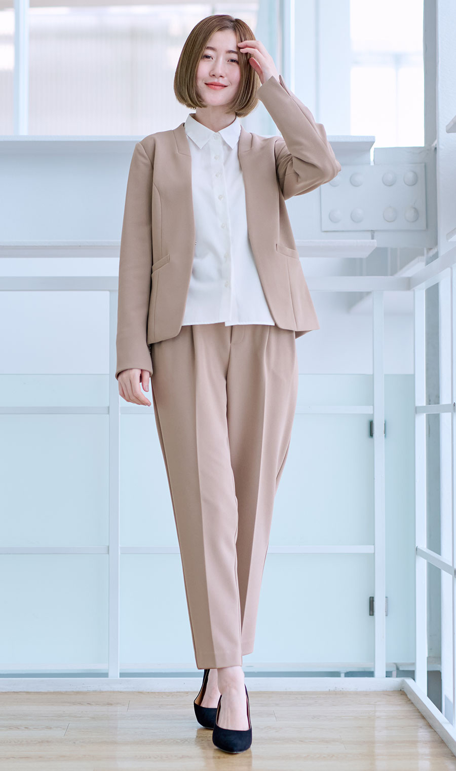 レギュラーカラーショート丈シャツ【長袖】 ホワイト M