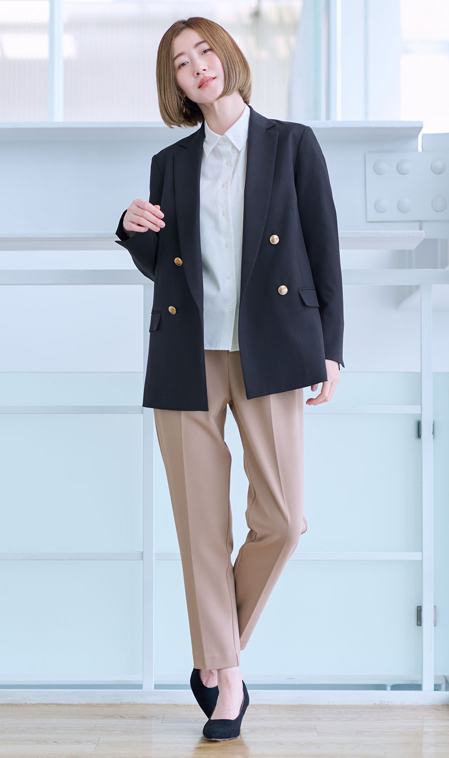 レギュラーカラーショート丈シャツ【長袖】 ホワイト M